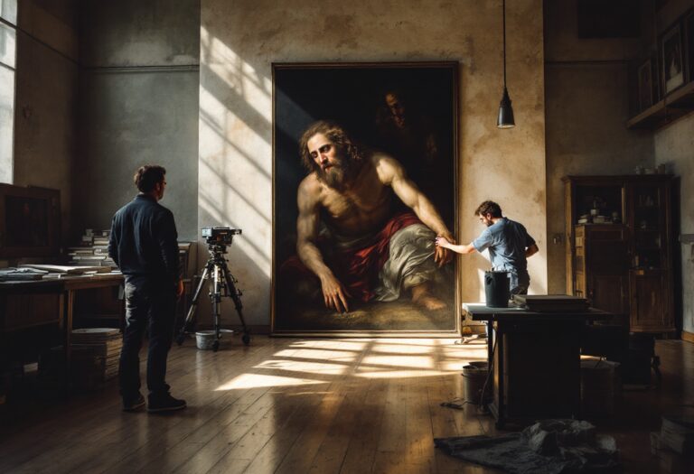 Detail of hidden portrait beneath Titian's artwork